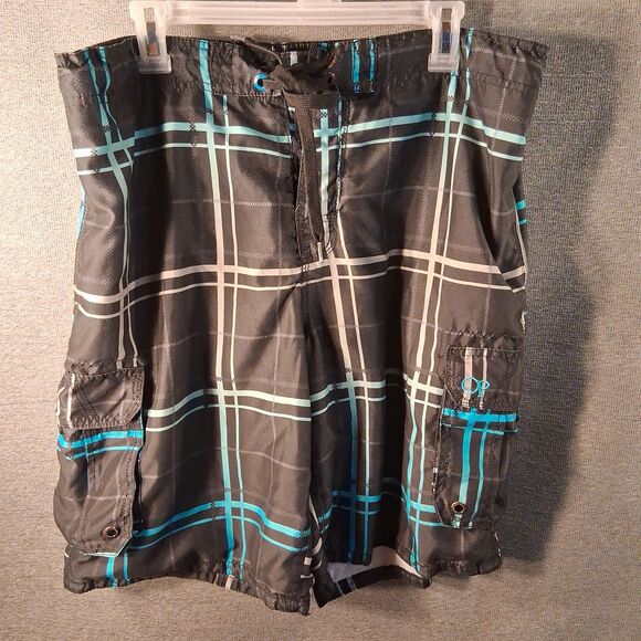 OP Other - OP Ocean Pacific Black Plaid Board Shorts Swim Trunks Cargo Pocket Mens L